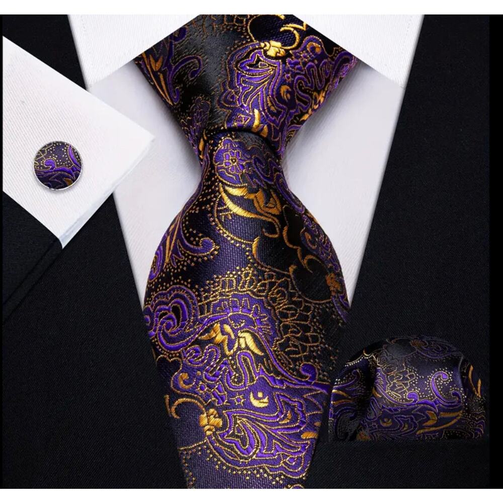 Men’s Silk Coordinated Tie Set - Purple & Gold Paisley